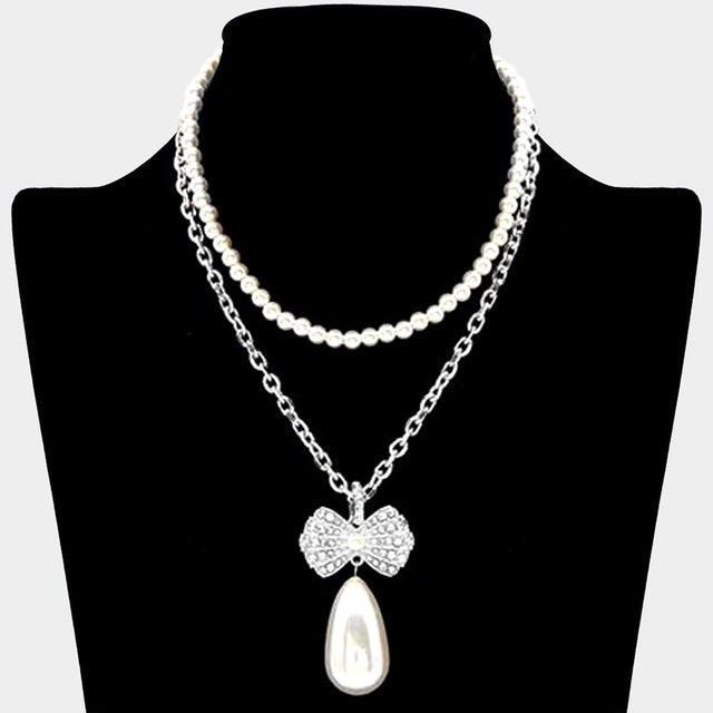 Rhodium Pearl Chain Layered Rhinestone Pave Ribbon Pearl Dangle Pendant Necklace