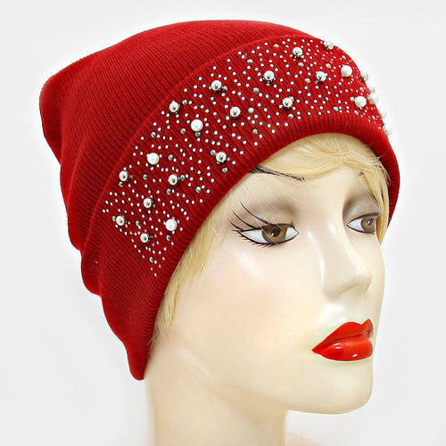 Gorro con bolas de metal de cristal y perlas - borgoña