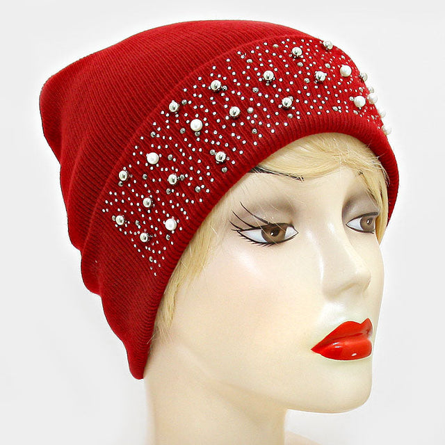 Burgundy Pearl Crystal Metal Ball Cluster Beanie Hat