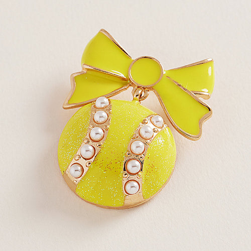 Pearl Enamel Tennis Ball Bow Pin Brooch - Yellow