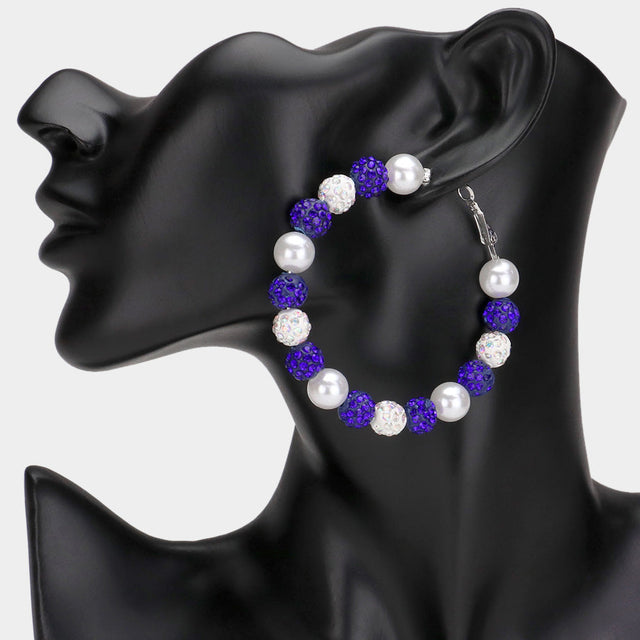 Blue Pearl Shamballa Ball Beaded Hoop Earrings