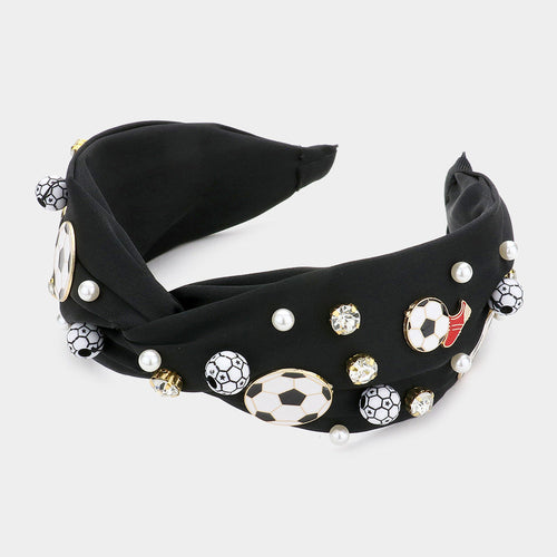 Diadema retorcida con adorno de zapato de fútbol de piedra perla - Negro