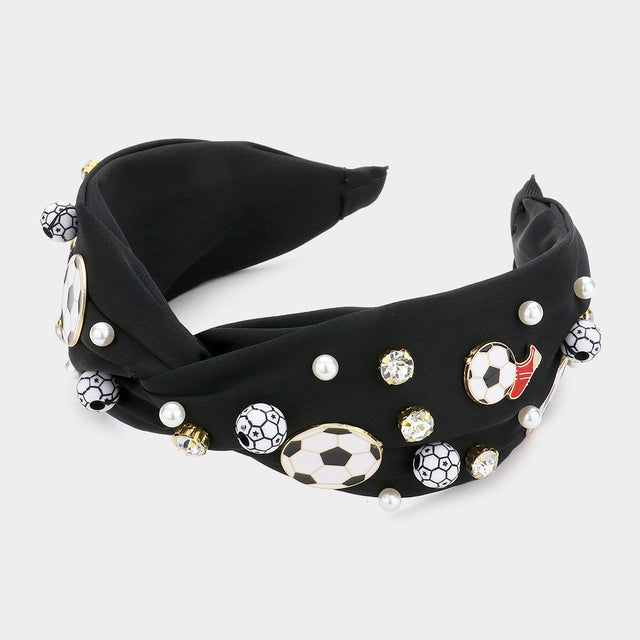 Black Pearl Stone Soccer Shoe Embellished Twisted Headband