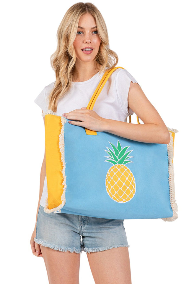 Yellow Blue Pineapple Embroidered Design Patch Summer Tote Bag combines stylish craftsmanship with practical functionality. Featuring a detailed pineapple embroidery, it adds a vibrant, tropical touch to your summer wardrobe. The spacious interior accommodates daily essentials, making it ideal for beach trips, shopping, or casual outings. Durable materials ensure long-lasting use, while the comfortable handles provide easy carrying. Perfect for those seeking a blend of fashion and utility in a seasonal acce