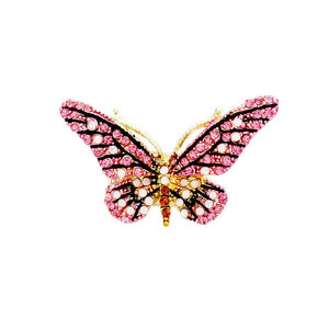 Pink Crystal Pave Butterfly Stretch Ring, Indulge in luxury with this exquisite piece that features a delicate butterfly design adorned with sparkling crystals, adding a touch of glamour to any outfit. The elastic stretch band ensures a perfect fit for all sizes. Elevate your style with this sophisticated accessory.