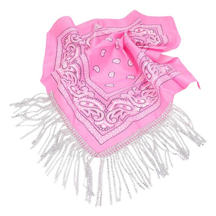 Pink-Rhinestone Like Fringe Cowgirl Bandana Scarf adds a touch of sparkle and charm to any outfit. The fringe detailing and cowgirl motif make it a perfect accessory for any western-themed event. Made with high-quality materials, this scarf offers both style and durability. Perfect gift choice for someone you love.