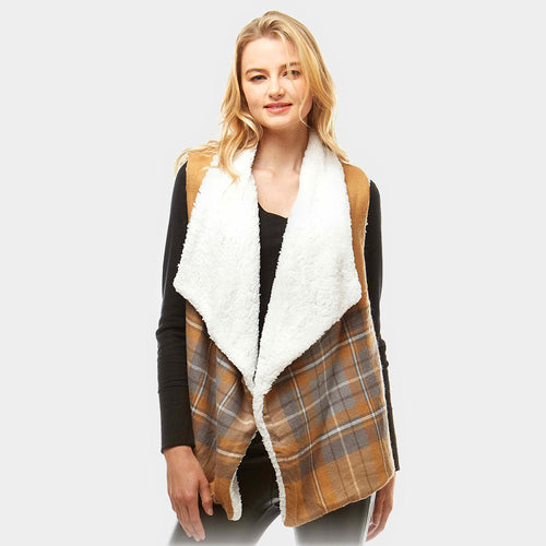 Plaid Faux Fur Lining and Pocket Vest - Beige