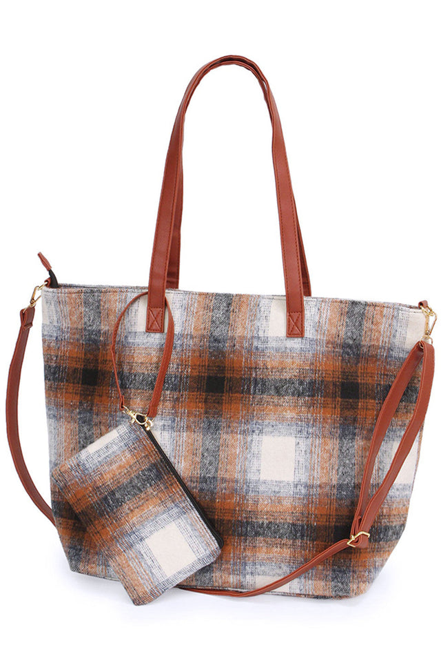 Plaid Weekend Tote Bag with Pouch combines classic style with practical design, perfect for short trips or daily use. Crafted from durable materials, it features a spacious main compartment and a matching pouch for organizing essentials. Its timeless plaid pattern adds a sophisticated touch, while sturdy handles ensure comfortable carrying. Ideal for those seeking both functionality and elegance in a versatile tote. 