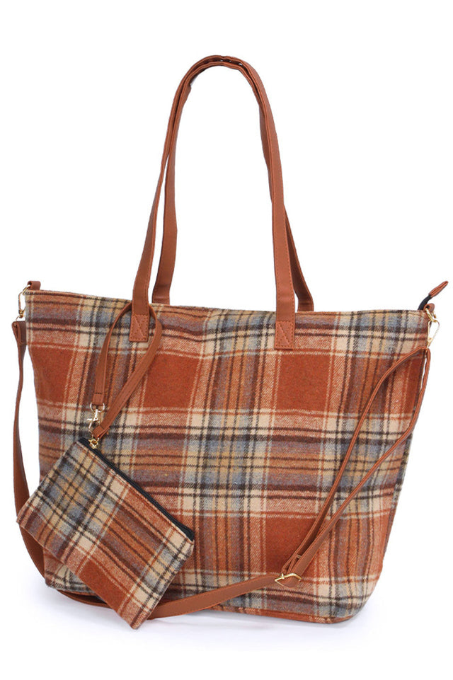 Plaid Weekend Tote Bag with Pouch combines classic style with practical functionality. Crafted from durable materials, this tote offers ample space for your essentials, making it ideal for weekend getaways or daily use. The included pouch provides organized storage for smaller items, enhancing convenience. Its timeless plaid pattern adds a sophisticated touch, ensuring you travel with both elegance and ease. 