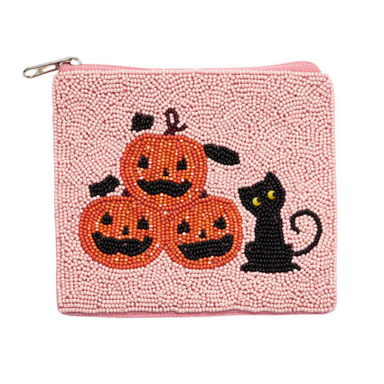 Pumpkin Black Cat Seed Beaded Halloween Mini Pouch Bag