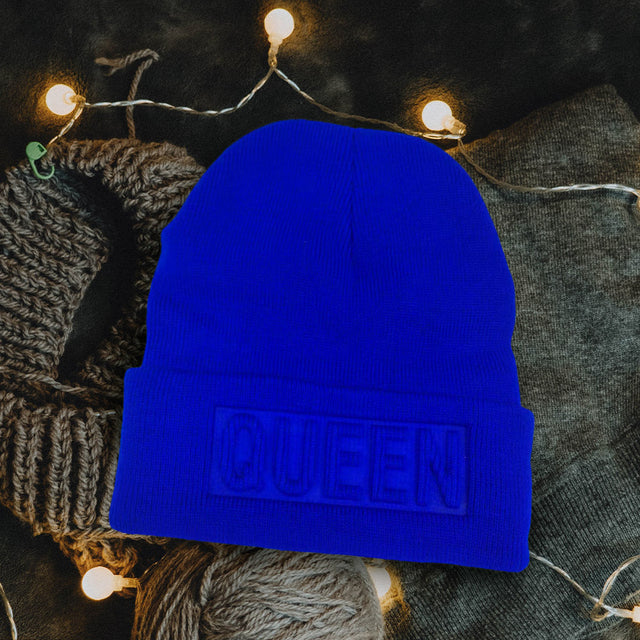 Blue Queen Message Solid Knit Beanie Hat