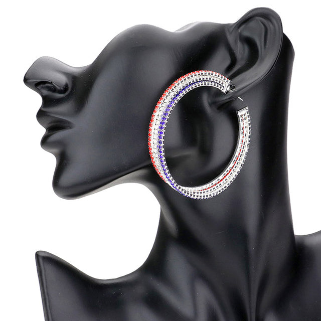 Red, White, Blue American USA Rhinestone Pave Hoop Earrings, Show your love for our country with these sweet patriotic American USA Flag Heart Stud Earrings. It's a perfect gift for valentine's day, especially for your lover.  Great for Election Day, National Holidays, Flag Day, 4th of July, Memorial Day, and Labor Day.