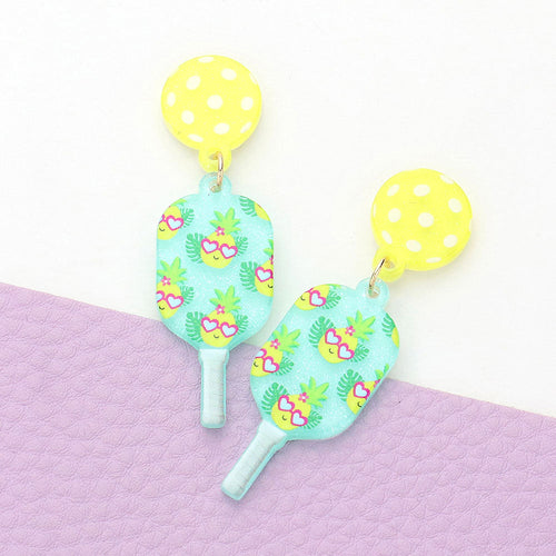 Resin Flower Printed Pickleball Paddle Dangle Earrings - Mint