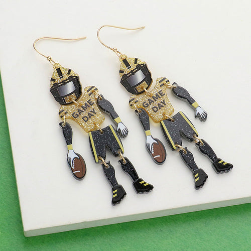 Pendientes colgantes de resina con diseño de jugador de fútbol americano GAME DAY - Negro, dorado