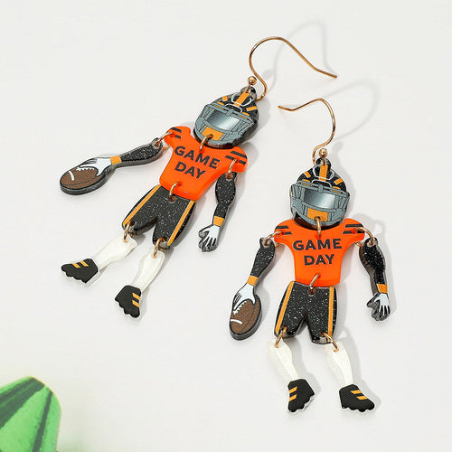 Resin GAME DAY Football Player Dangle Earrings - Black, Orange