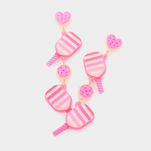 Pink Resin Pickleball Racket Ball Link Dropdown Earrings