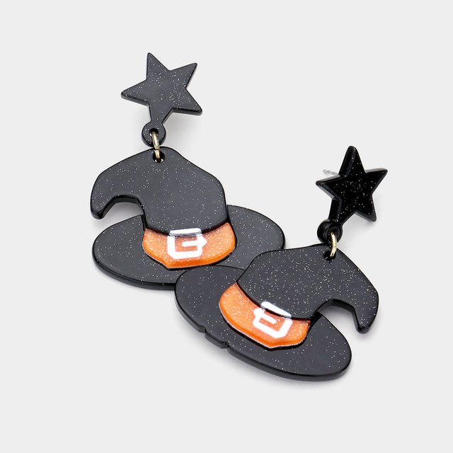 Black Resin Star Witch Hat Link Dangle Earrings
