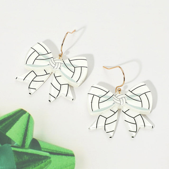 White Resin Volleyball Bow Dangle Earrings