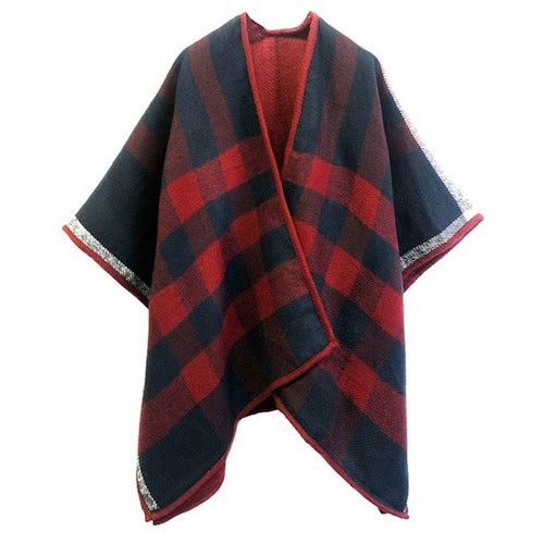 Reversible Plaid Check Pattern Buffalo Check Poncho Ruana - Navy