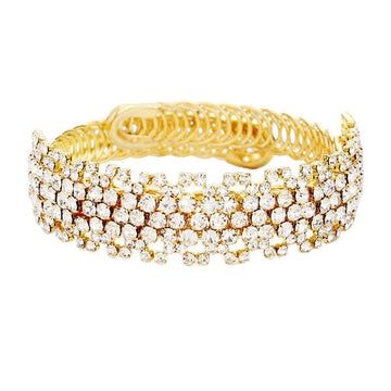 Clear Gold Rhinestone Crystal Pave Evening Bracelet; Look as regal on the outside as you feel on the inside, feel absolutely flawless. Fabulous fashion and sleek style adds a pop of pretty color to your attire, coordinate with any ensemble from business casual to everyday wear