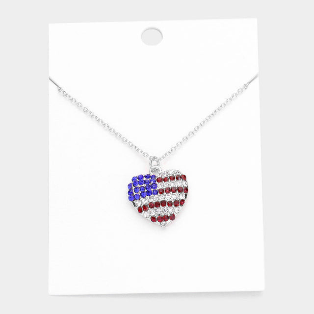 Rhodium Rhinestone Embellished American USA Flag Heart Pendant Necklace