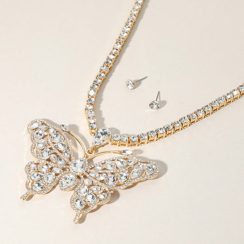 Collar de noche con cadena de tenis y colgante de mariposa adornado con diamantes de imitación - Clear, Gold