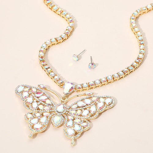 Collar de noche con cadena de tenis y colgante de mariposa adornado con diamantes de imitación - AB, Gold