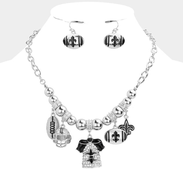 Rhodium Rhinestone Embellished Fleur de Lis Accented Football Helmet Uniform Pendant Necklace