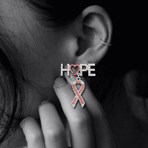 Rhinestone Embellished Hope Message Pink Ribbon Link Dangle Earrings - Pink, Rhodium
