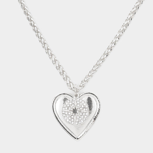 Rhinestone Embellished North Star Metal Heart Pendant Necklace - Rhodium