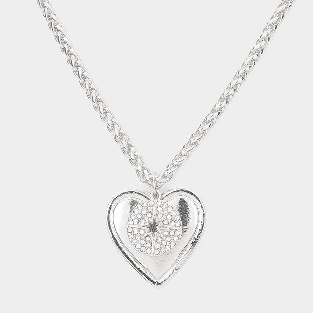 Rhodium Rhinestone Embellished North Star Metal Heart Pendant Necklace