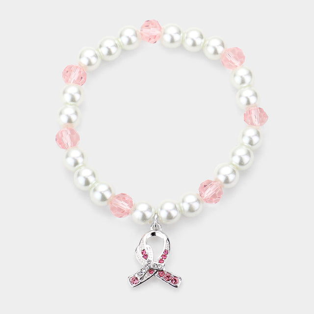 Pink Rhinestone Embellished Pink Ribbon Charm Pearl Stretch Bracelet