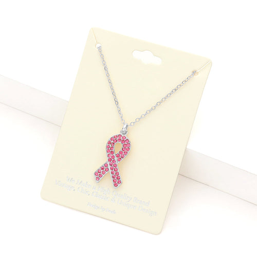 Rhinestone Embellished Pink Ribbon Pendant Necklace - Pink, Rhodium