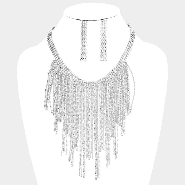 Rhodium Rhinestone Metal Ball Chain Fringe Choker Necklace