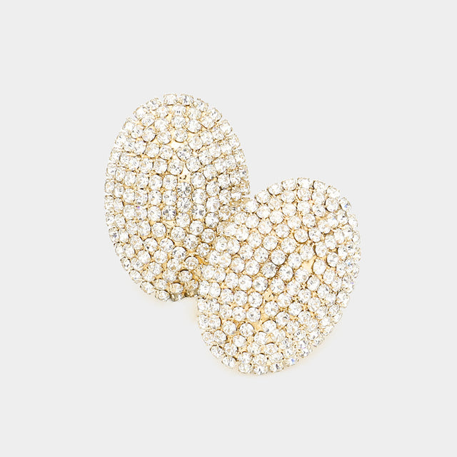 Gold Rhinestone Pave Oval Evening Clip on Earrings