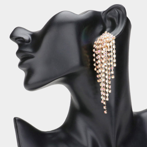 Rhinestone Pave Tassel Clip On Earrings - AB, Gold
