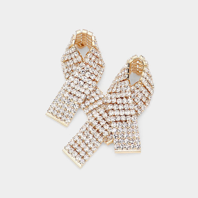Gold Rhinestone Paved Pink Ribbon Stud Earrings