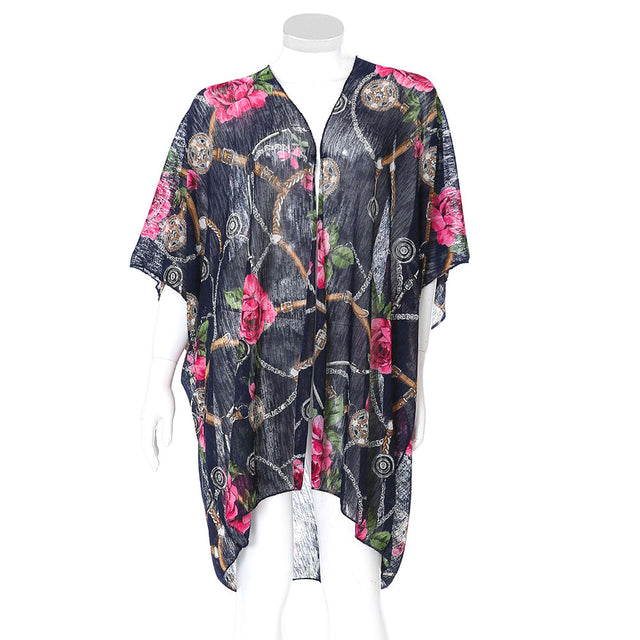 Rose Flower Chain Print Cover Up Kimono Poncho Beachwear - Navy - Kimonos