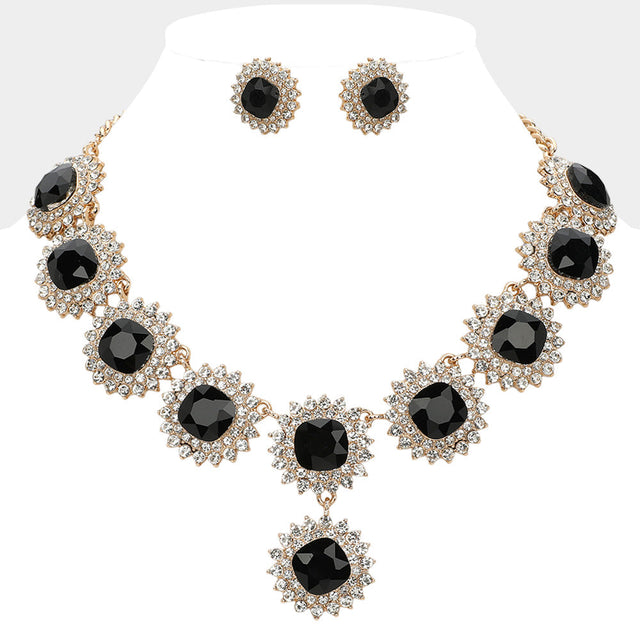 Black Round Glass Stone Cluster Link Evening Necklace