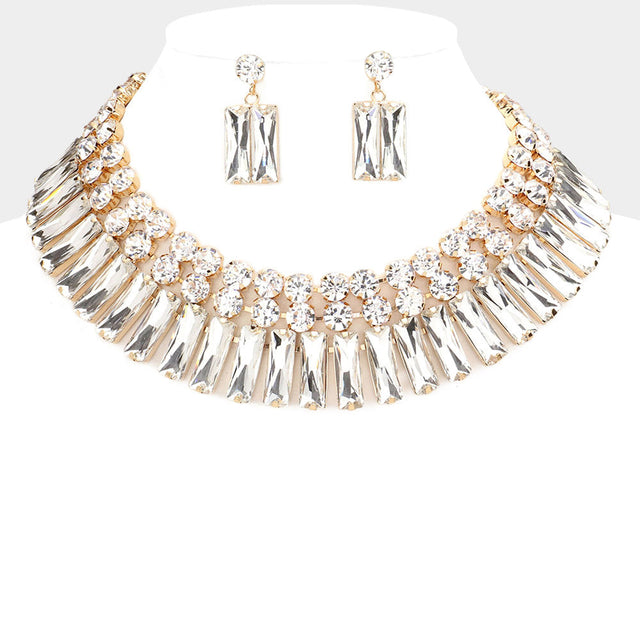 Clear, Gold Round Rectangle Stone Cluster Evening Necklace
