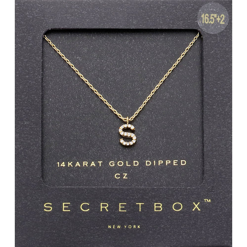 -S- Secret Box 14K Gold Dipped Cubic Zirconia Initial Monogram Pendant Necklace - Gold