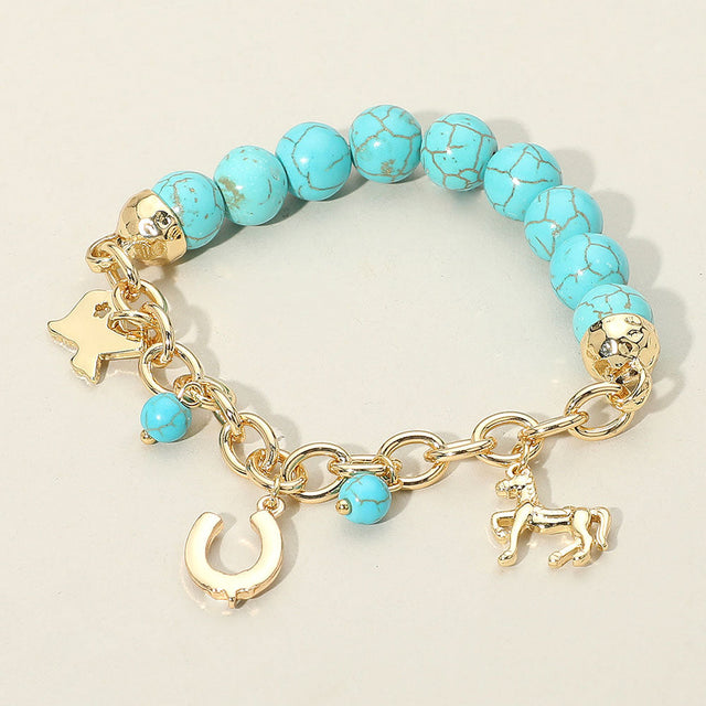 Gold SECRET BOX_Western Horse Horseshoe Texas Map Charm Station Turquoise Stone Beaded Stretch Bracelet