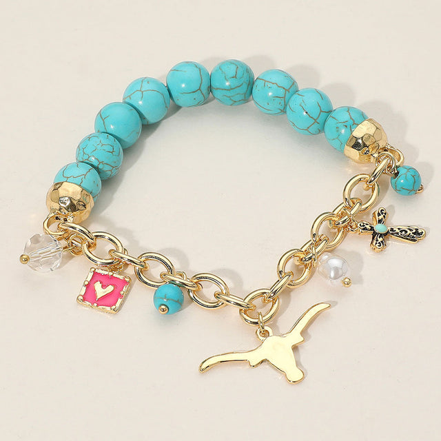 Gold SECRET BOX_Western Steer Head Cross Heart Pearl Charm Beaded Stretch Bracelet