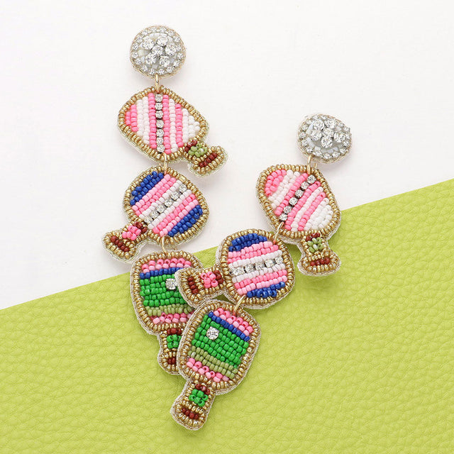 Multi Seed Beaded Pickleball Paddle Link Dropdown Dangle Earrings