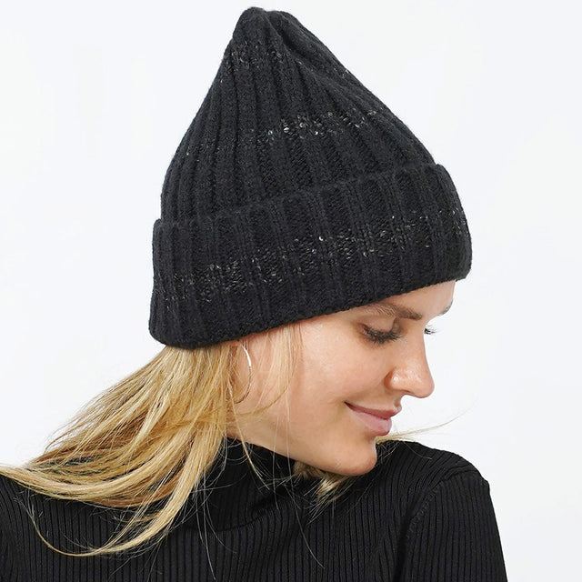 Black Sequin Stripe Knit Beanie Hat