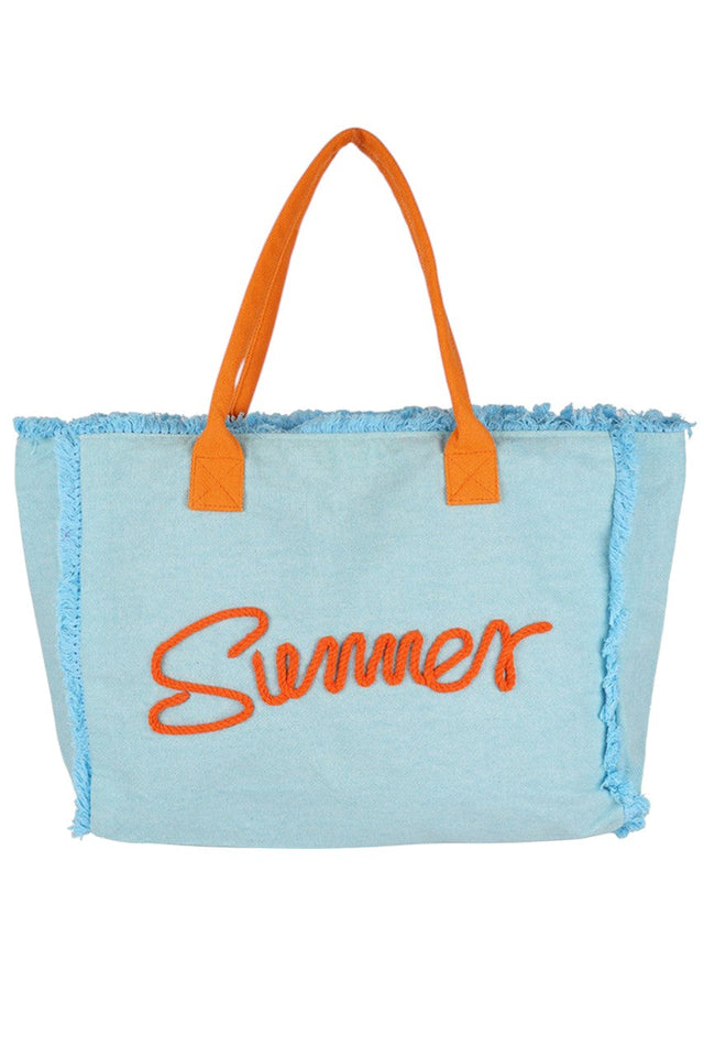 Blue Sewn Rope Summer Letter Fringed Canvas Bag combines durable canvas material with stylish rope detailing and fringed accents, offering both functionality and a trendy look. Its spacious interior is perfect for carrying essentials during warm-weather outings, while the sturdy rope handles ensure comfortable wear. Ideal for casual summer days, this bag adds a touch of effortless charm to your seasonal wardrobe.
