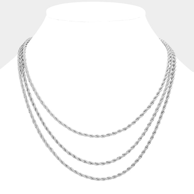 Rhodium Silver Dipped Rope Metal Chain Layered Necklace