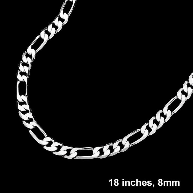 Rhodium Silver Plated 18 Inch 8mm Figaro Metal Chain Necklace