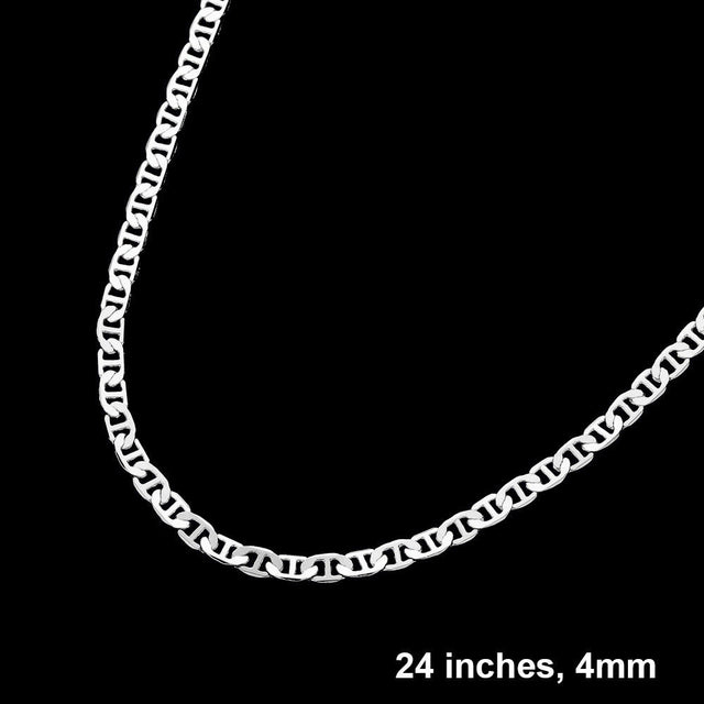 Rhodium Silver Plated 24 Inch 4mm Mariner Metal Chain Necklace