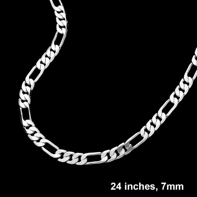 Rhodium Silver Plated 24 Inch 7mm Figaro Metal Chain Necklace